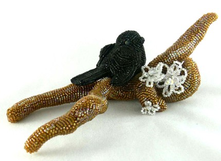 blackbird black bird on limb beaded sculpture