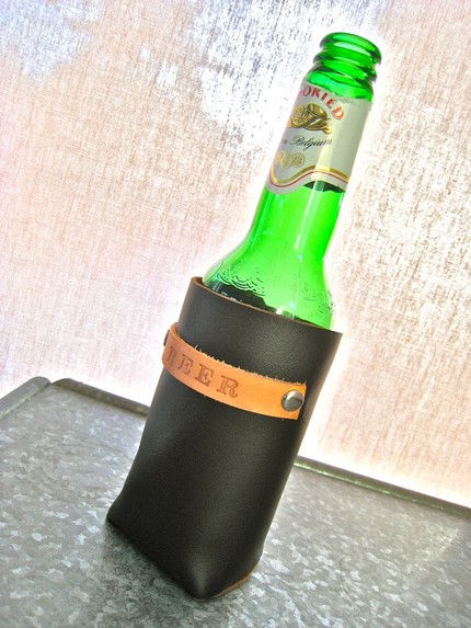 custom leather beer coozie